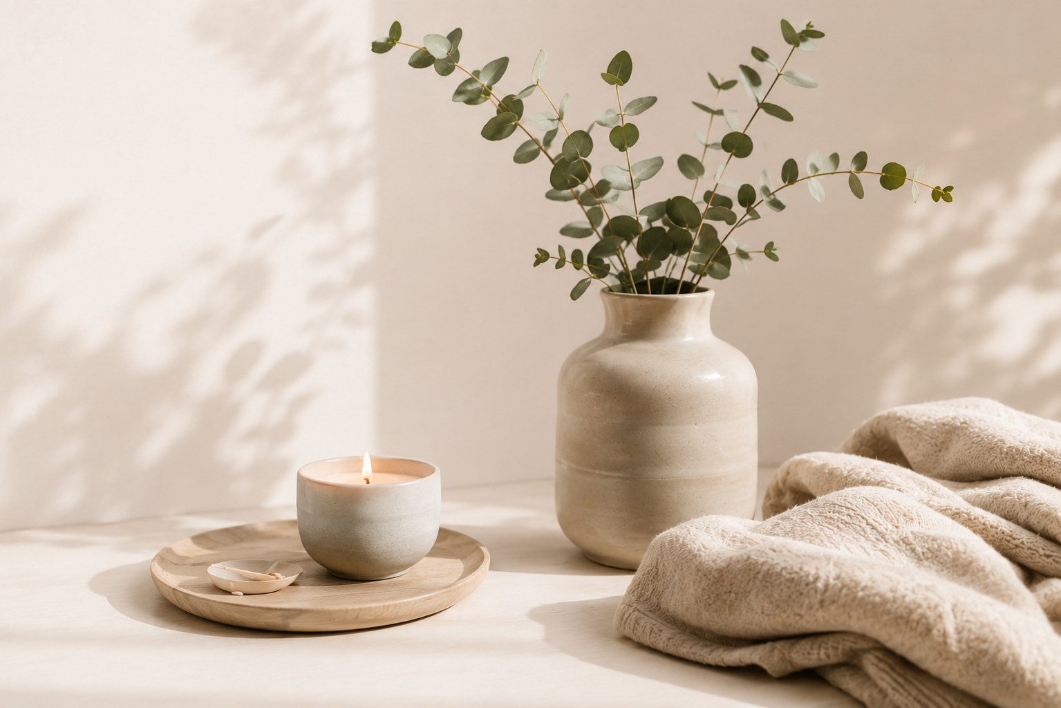 Keramische vaas met eucalyptus, een brandende kaars en een zachte plaid, rustig sfeerbeeld in crème tinten met warm zonlicht